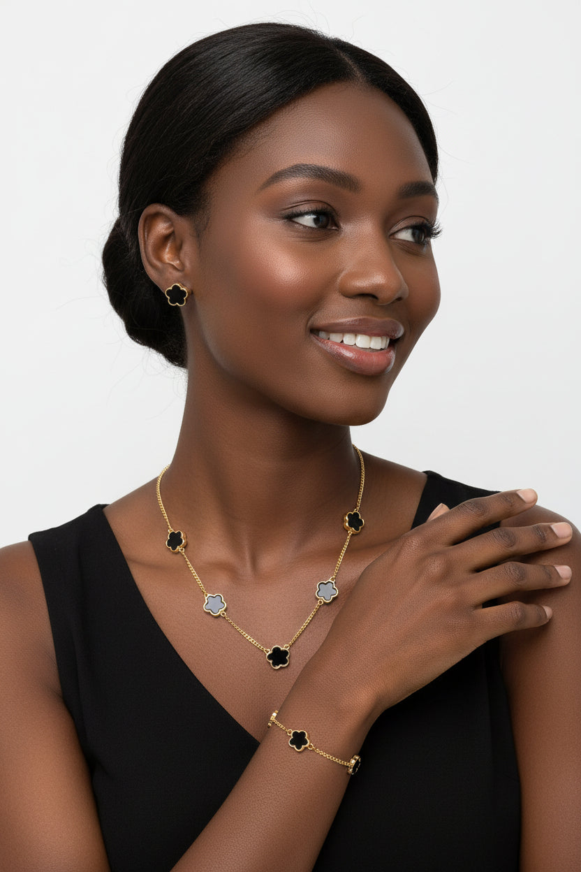 Ensemble bijoux trèfle noir en acier inoxydable plaqué or – collier, bracelet et boucles d'oreilles