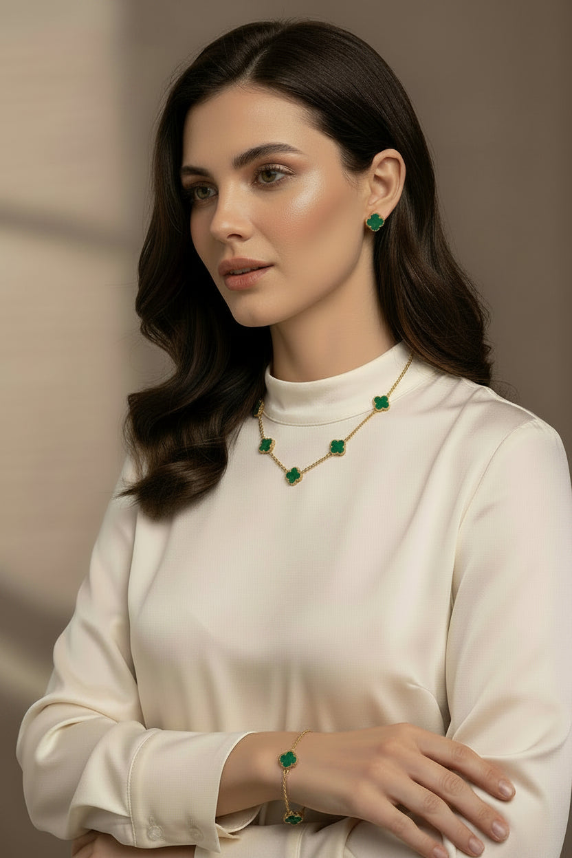 Ensemble bijoux trèfle vert nacré en acier inoxydable plaqué or – collier, bracelet et boucles d'oreilles