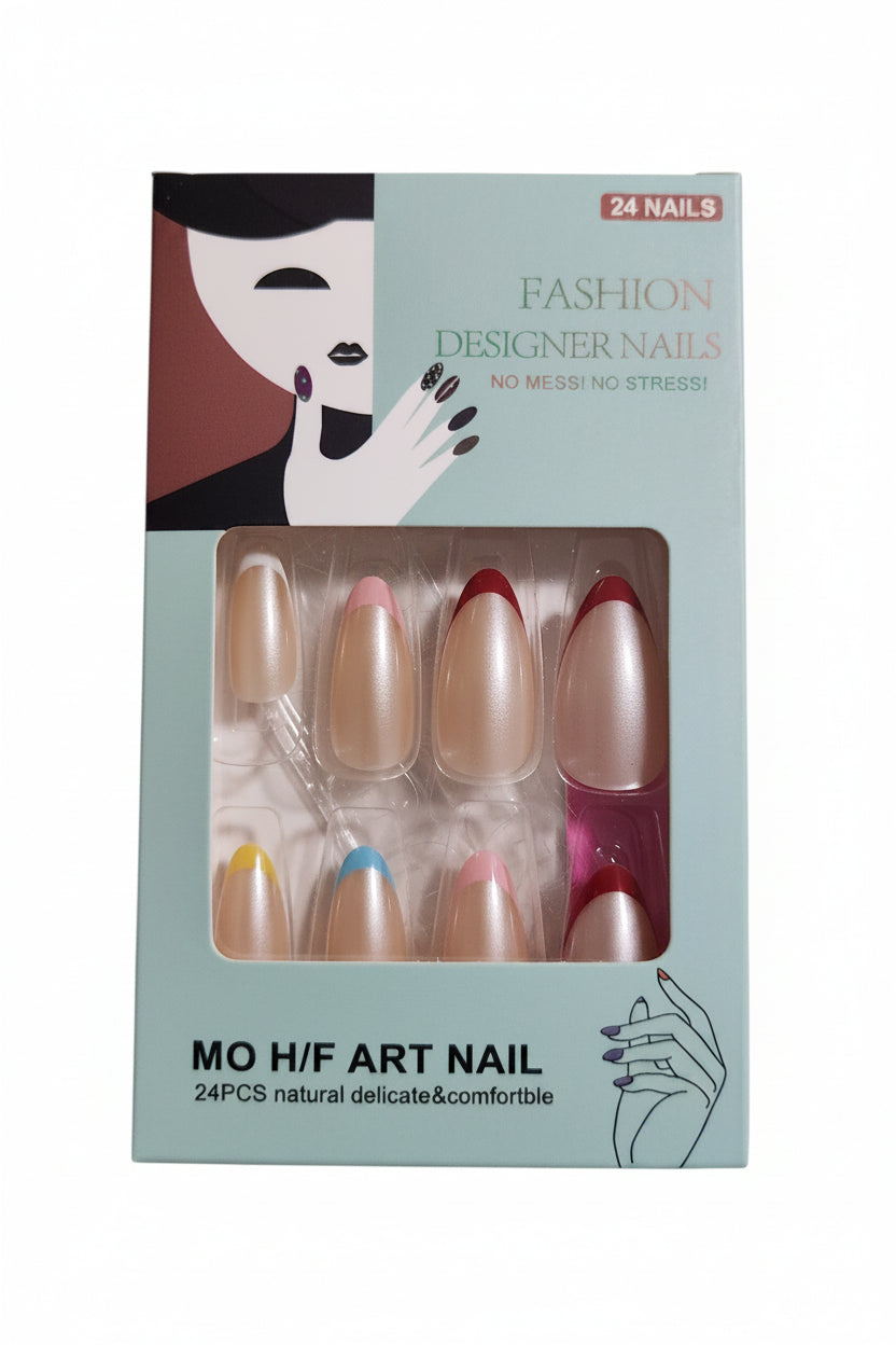 Faux ongles french multicolore – 24 pièces avec colle