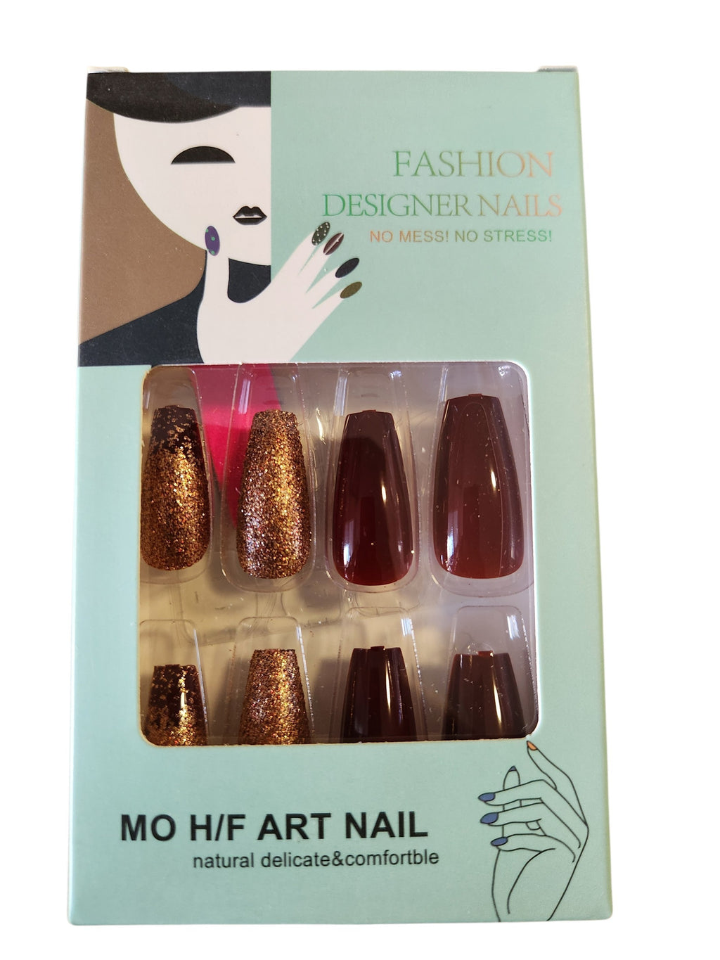 Faux ongles bordeaux et or coffin