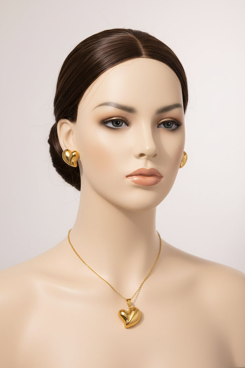 Ensemble bijoux cœur en acier inoxydable plaqué or – collier et boucles d'oreilles