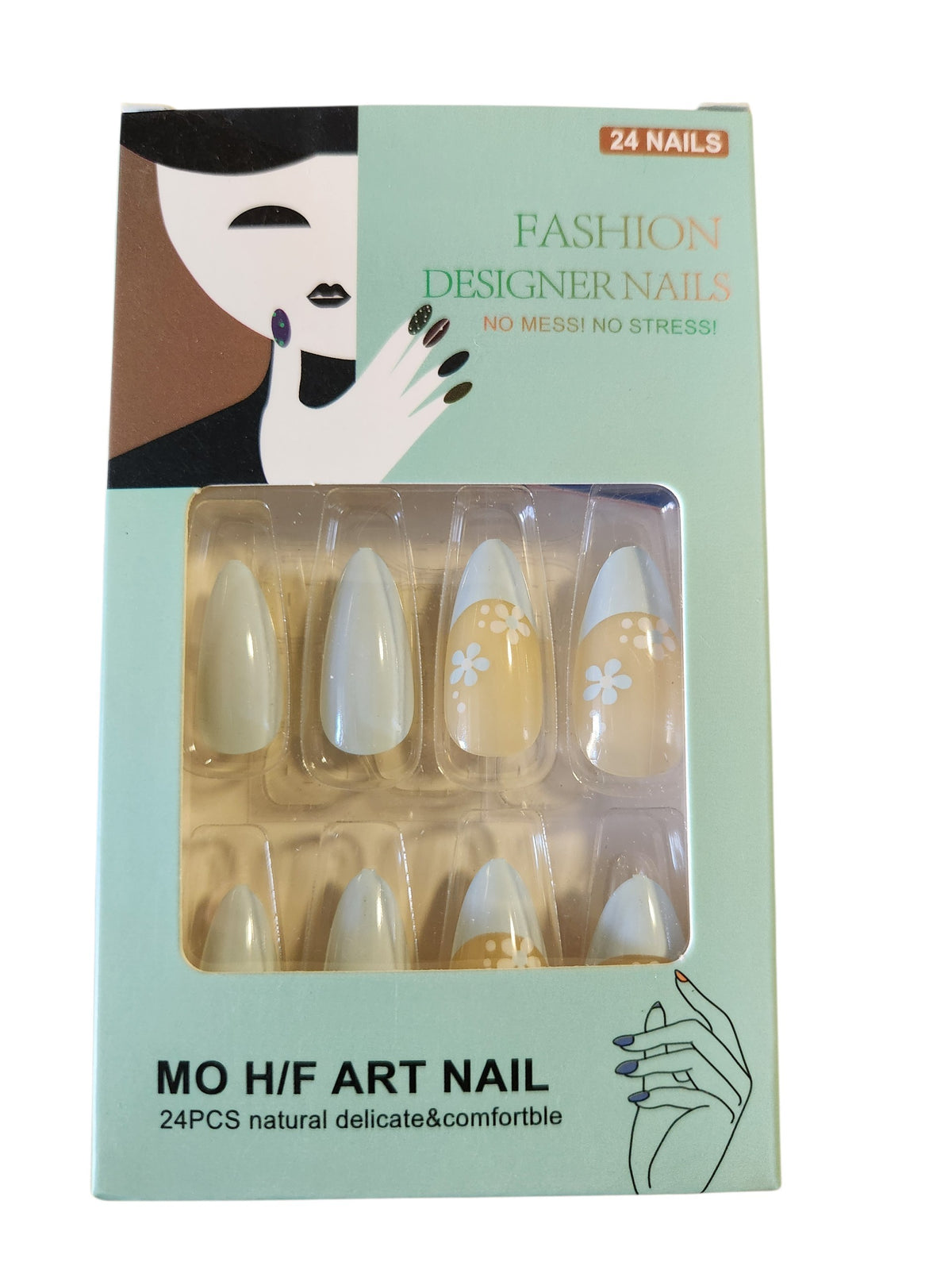 Faux ongles blanc et blanc cassé motif floral – 24 pièces avec colle