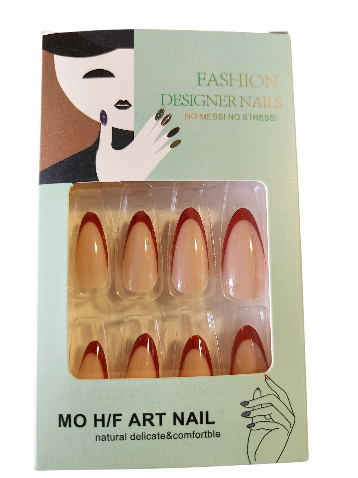 Faux ongles french rouge amande – 24 pièces avec colle