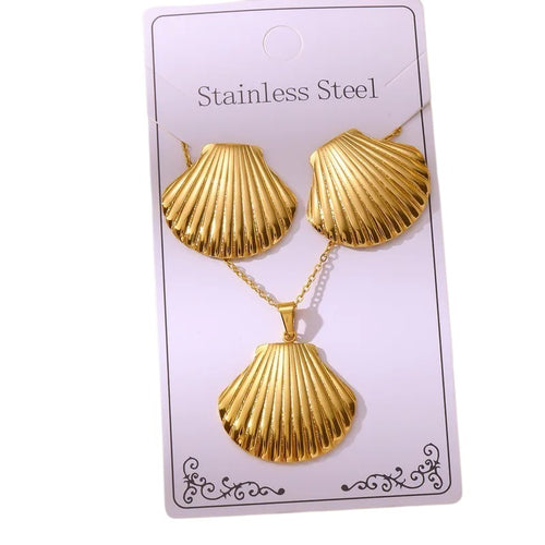 Ensemble bijoux coquillage en acier inoxydable plaqué or – collier et boucles d'oreilles