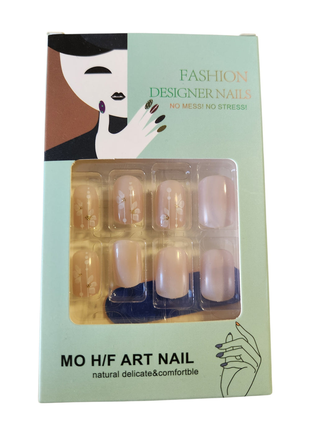 Faux ongles nude motif floral doré – 24 pièces avec colle